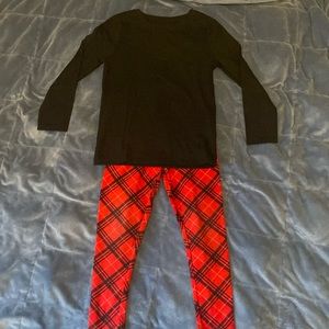 Long sleeve, black shirt, withred and black plaid pants